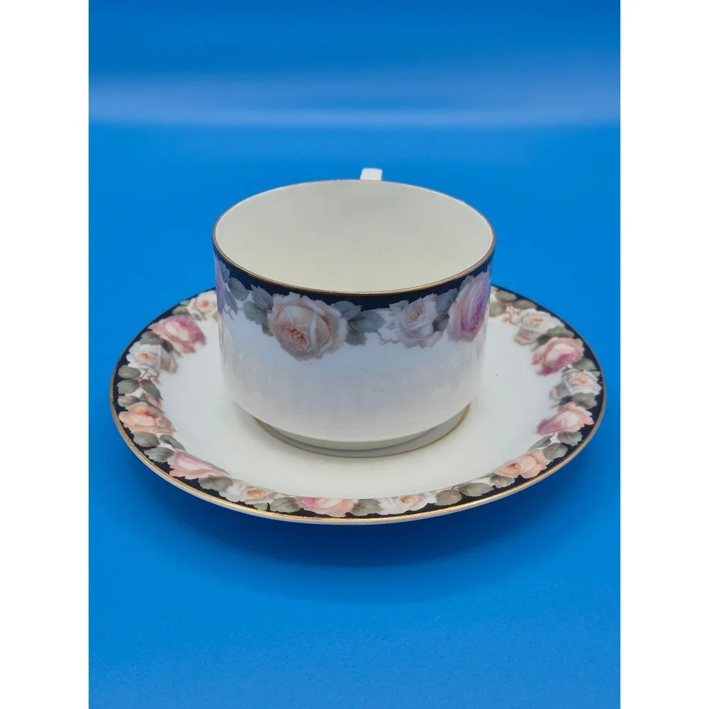 Vintage Bavaria Rose Floral Tea Cup and Saucer Set Navy Blue Gold Trim Porcelain